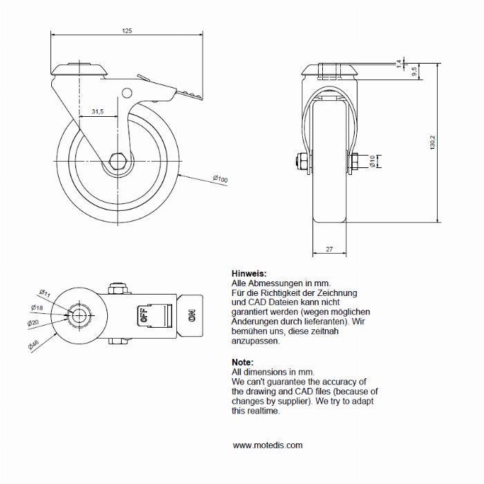 Roue articulées 100 trou de boulon unique, avec frein et avec capacité de charges 56 kg