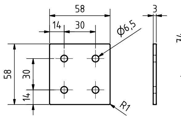 Plaque de connexion carrée 58x58x3, découpée au laser ACIER