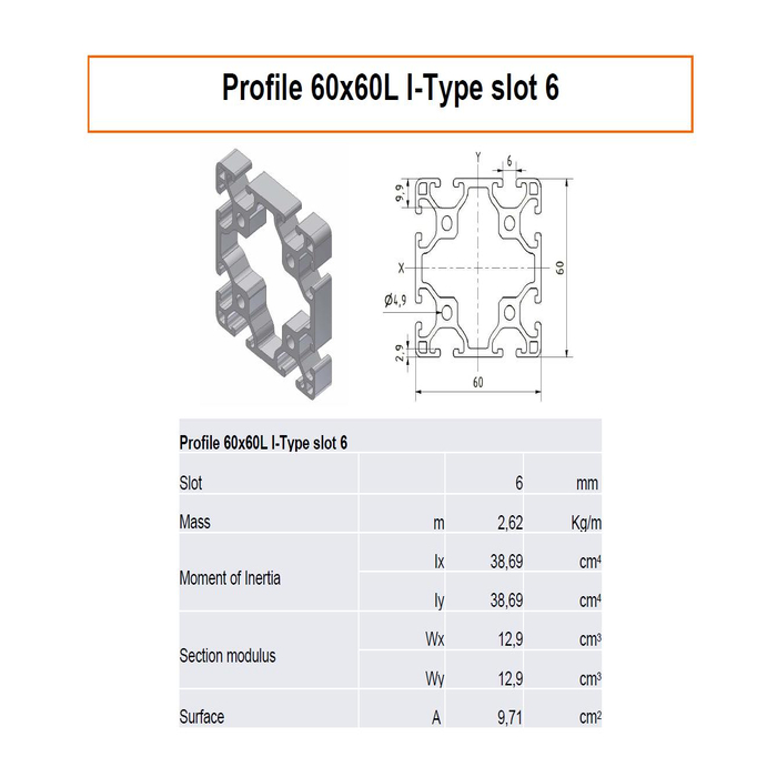 Profilato alluminio 60x60L scanalatura 6