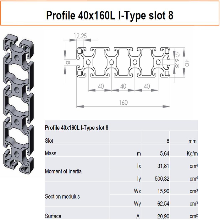 Profilato alluminio 40x160L scanalatura 8 tipo I