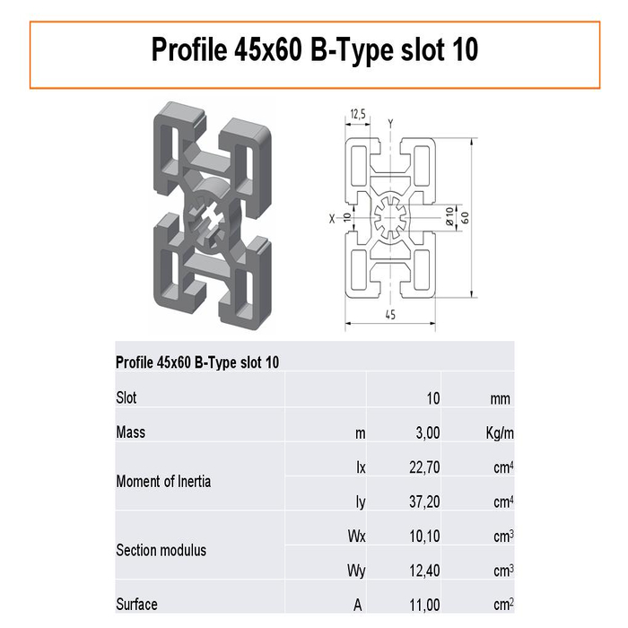 Profilato alluminio 45x60 scanalatura 10 tipo B