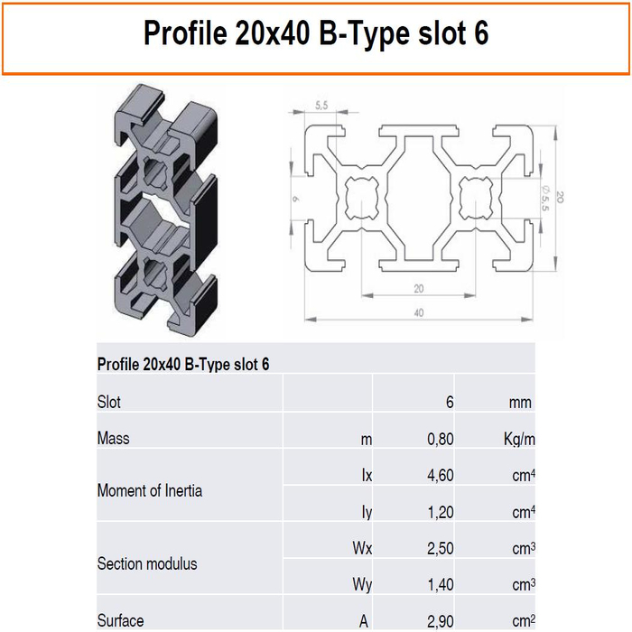 Profilato alluminio 20x40 scanalatura 6 tipo B