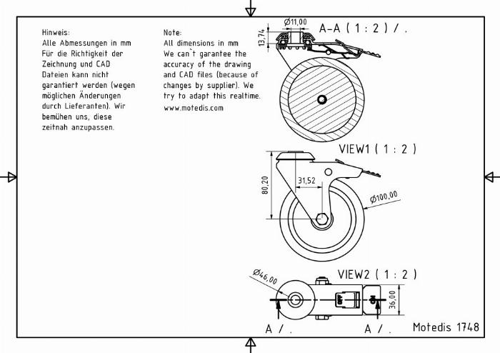 Roues articulées 100 trou de boulon unique, avec frein