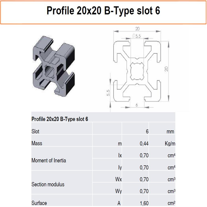 Profilato alluminio 20x20 scanalatura 6 tipo B