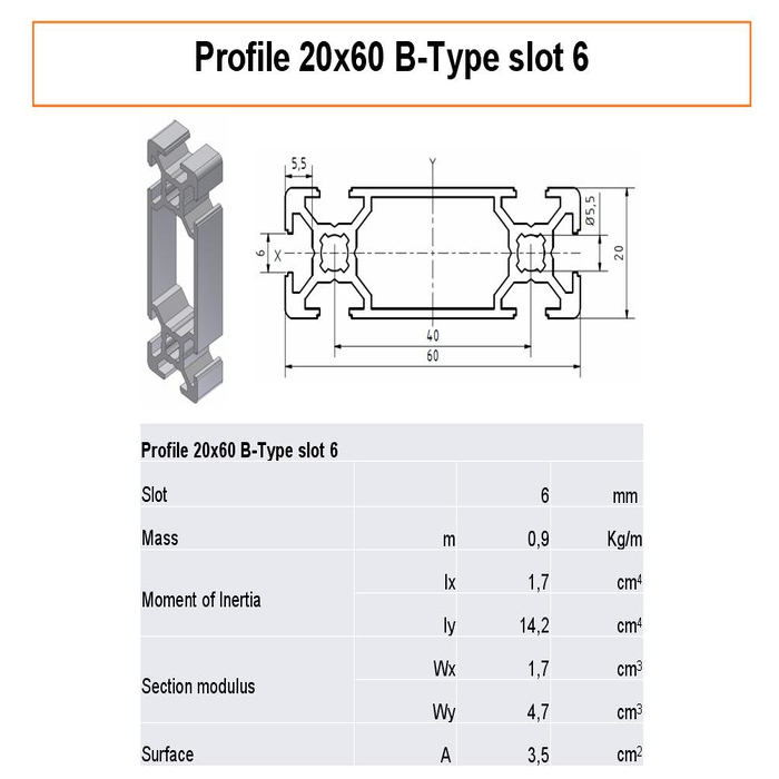 Profilato alluminio 20x60 scanalatura 6 tipo B