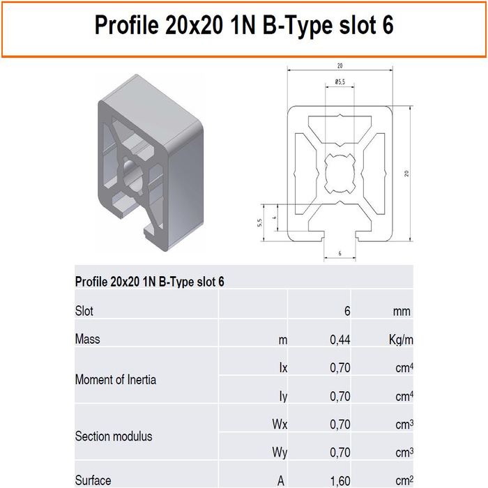 Profilato alluminio 20x20 1N scanalatura 6 tipo B