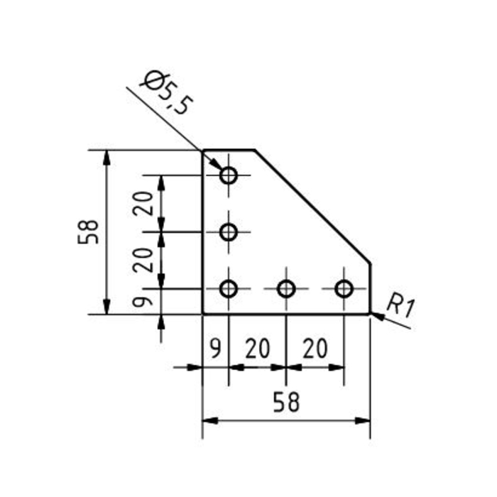 L connector plate 58x58x3, Laser cut