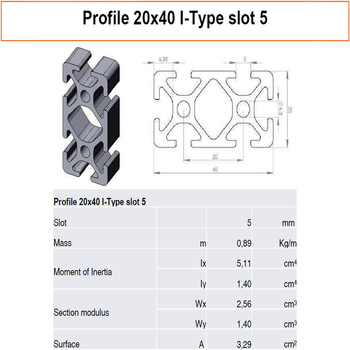 Profilato alluminio 20x40 scanalatura 5 tipo I