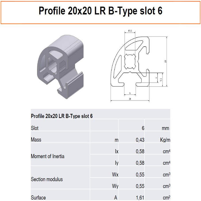 Profilato alluminio 20x20 LR scanalatura 6 tipo B
