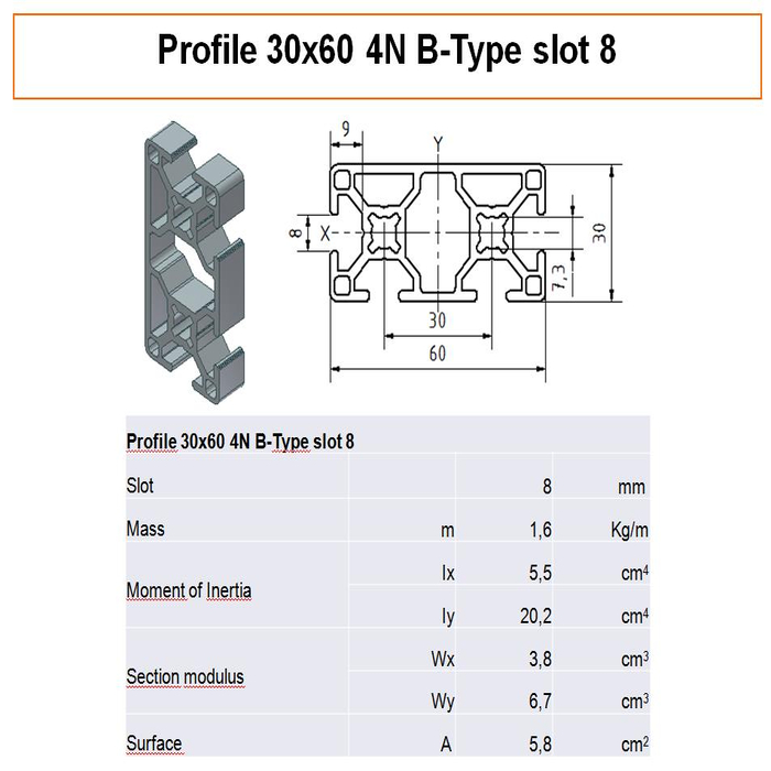 Profilé aluminium 30x60 4N Type B  rainure 8