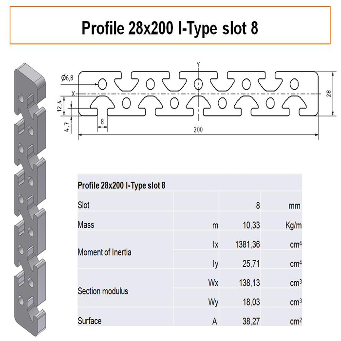 Profilato alluminio 28x200 scanalatura 8 tipo I