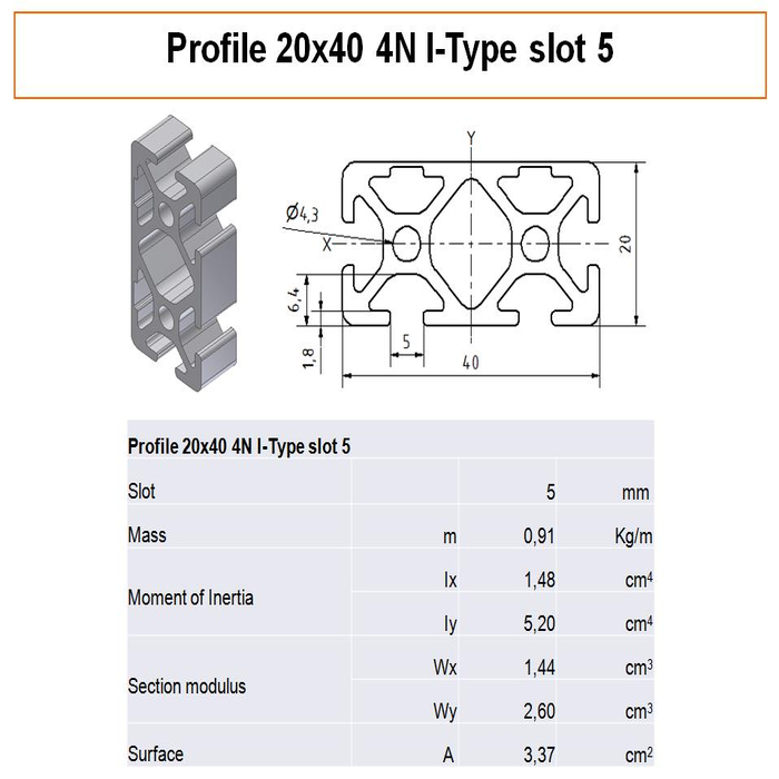 Profilé aluminium 20x40 4N Type I rainure 5