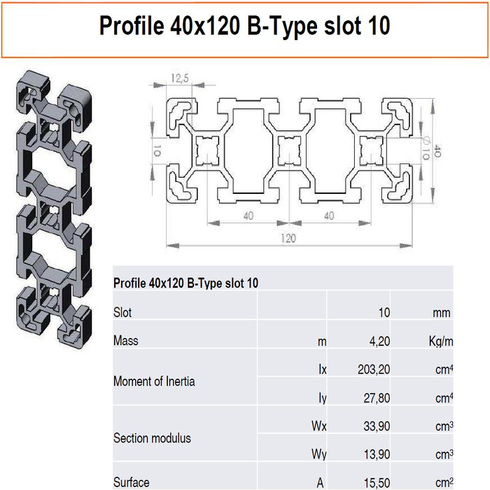 Profilato alluminio 40x120 scanalatura 10 tipo B