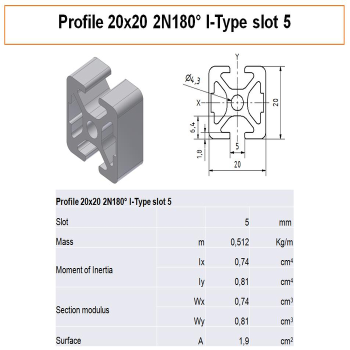 Profilato alluminio 20x20 2N180° scanalatura 5 tipo I